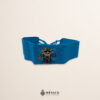 Handcrafted light blue faja Mexican waist belt featuring mini Mexican doll embroidery