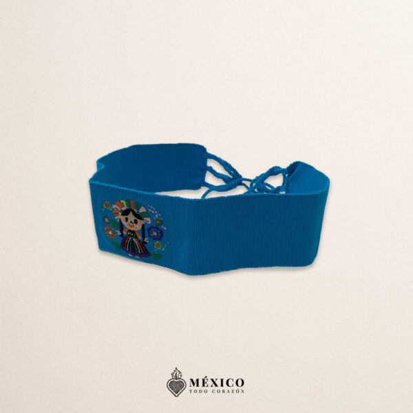Handcrafted light blue faja Mexican waist belt featuring mini Mexican doll embroidery