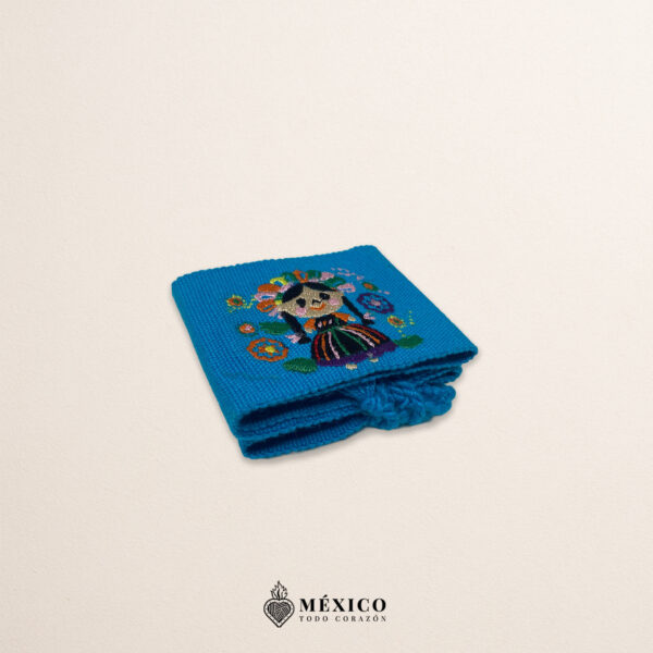 Handcrafted light blue faja Mexican waist belt featuring mini Mexican doll embroidery