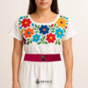 Handcrafted pink Mexican waist belt (faja) featuring colorful girl embroidery