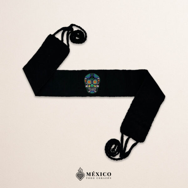 Handcrafted black faja Mexican waist belt featuring sugar skull embroidery