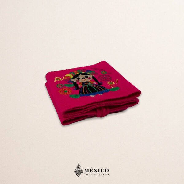 Handcrafted pink Mexican waist belt (faja) featuring colorful girl embroidery
