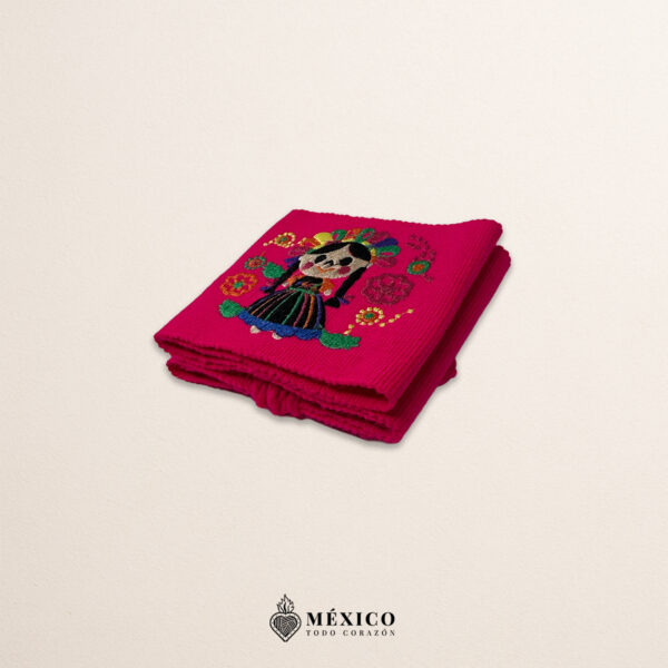 Handcrafted pink Mexican waist belt (faja) featuring colorful girl embroidery