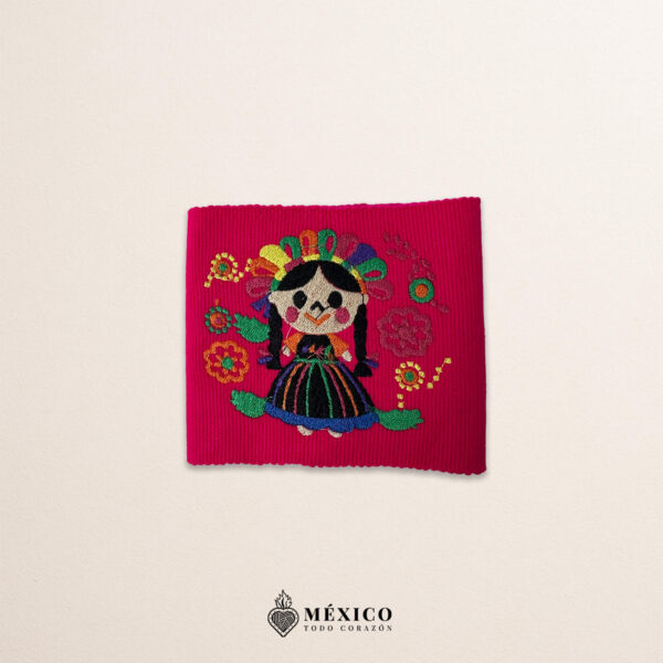 Handcrafted pink Mexican waist belt (faja) featuring colorful girl embroidery