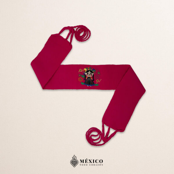 Handcrafted pink Mexican waist belt (faja) featuring colorful girl embroidery