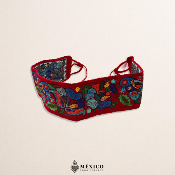 Handcrafted red Mexican waist belt (faja) featuring embroidered butterflies and flowers