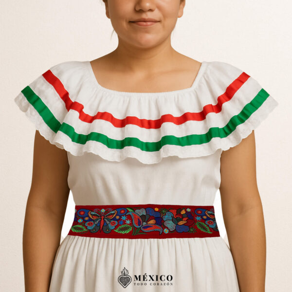 Handcrafted red Mexican waist belt (faja) featuring embroidered butterflies and flowers