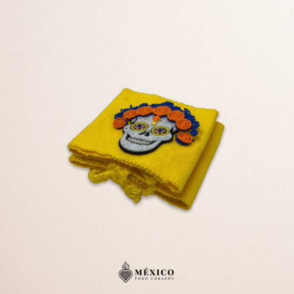 Yellow artisan Mexican waist belt featuring a Catrina felt appliqué