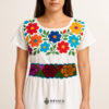 Handwoven small Mexican waist belt (faja) featuring colorful flower embellishments and blue ties