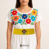 Yellow artisan Mexican waist belt featuring a Catrina felt appliqué