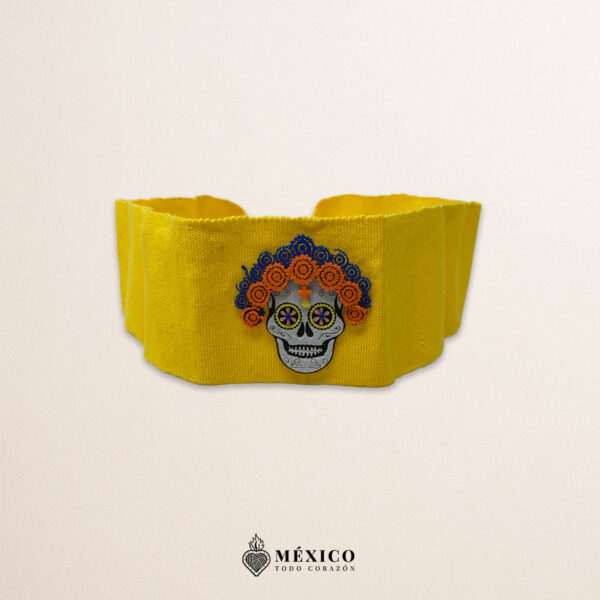 Yellow artisan Mexican waist belt featuring a Catrina felt appliqué