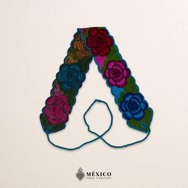 Handwoven small Mexican waist belt (faja) featuring colorful flower embellishments and blue ties