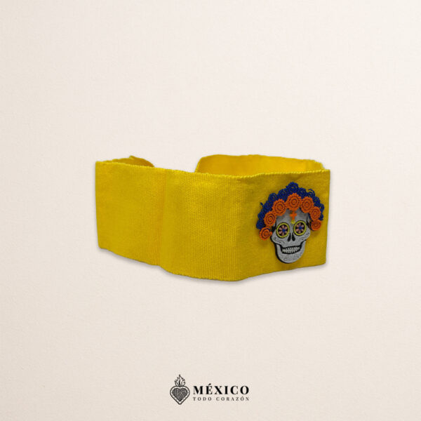 Yellow artisan Mexican waist belt featuring a Catrina felt appliqué