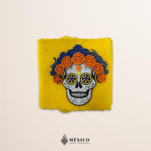 Yellow artisan Mexican waist belt featuring a Catrina felt appliqué