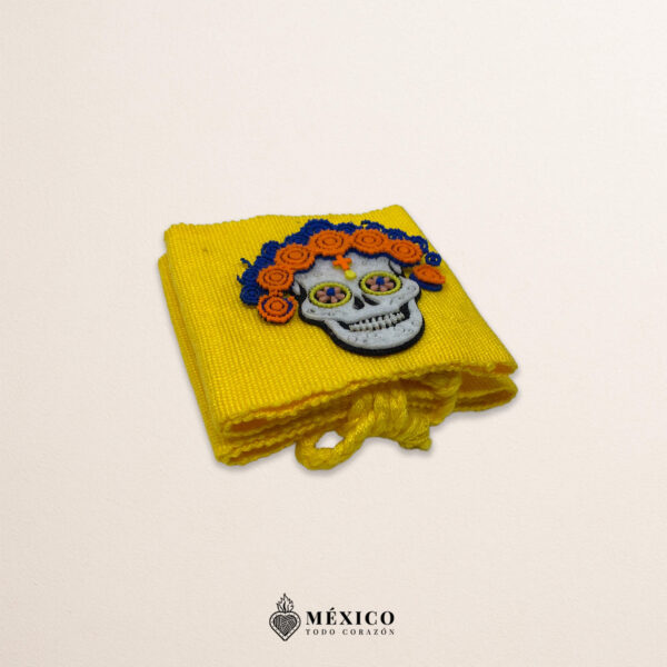Yellow artisan Mexican waist belt featuring a Catrina felt appliqué
