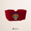 Red artisan Mexican waist belt featuring a Catrina felt appliqué