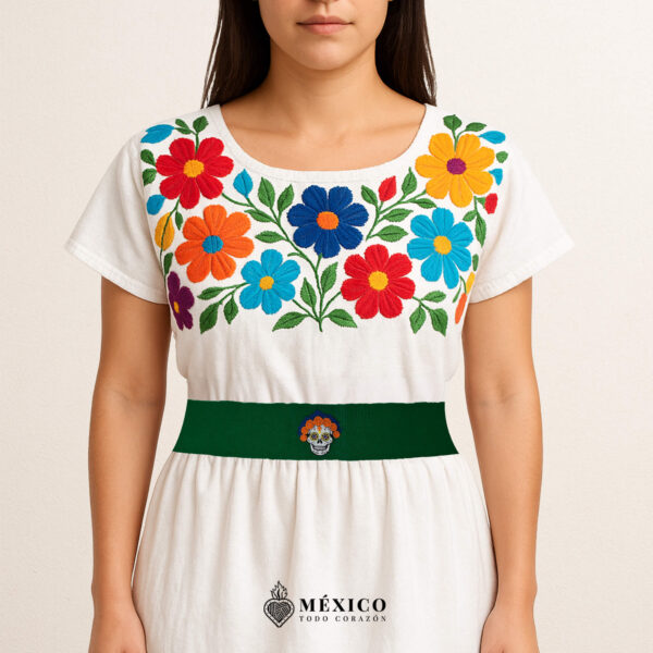 Green artisan Mexican waist belt featuring a Catrina felt appliqué