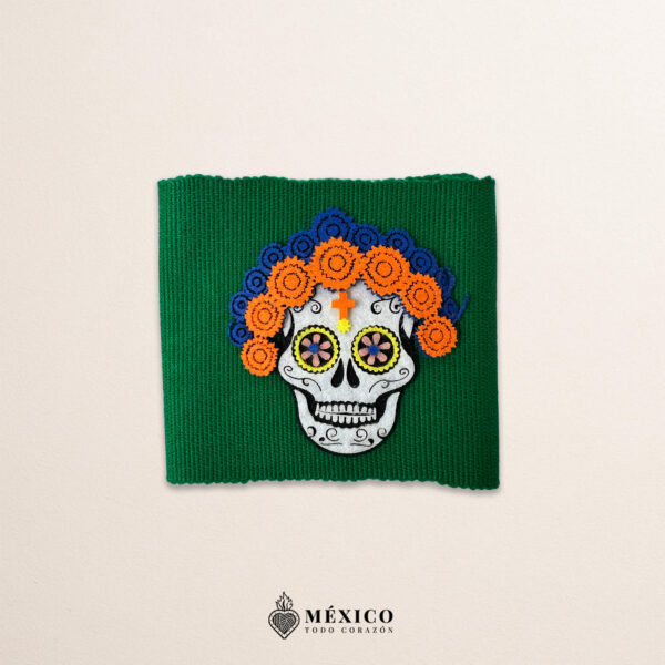 Green artisan Mexican waist belt featuring a Catrina felt appliqué