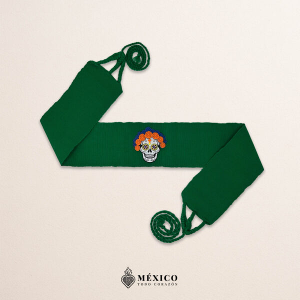 Green artisan Mexican waist belt featuring a Catrina felt appliqué
