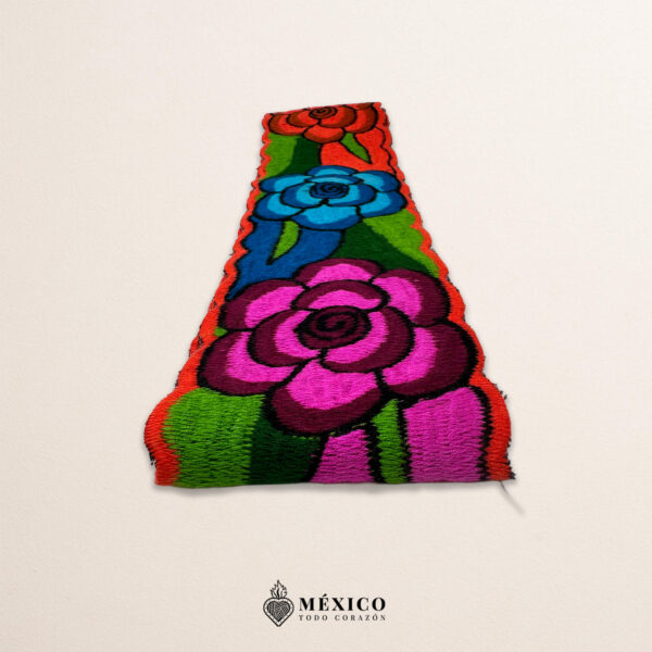 Handwoven Mexican waist belt (faja) featuring colorful flower embellishments and orange ties