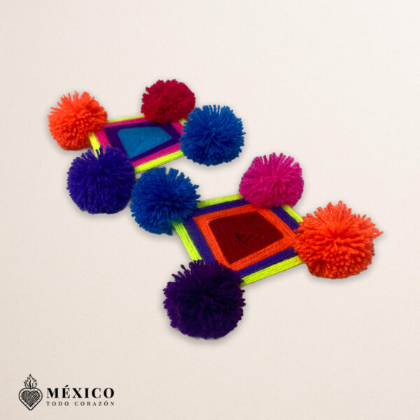 Mexican Colorful Diamond Earrings – Handmade Yarn & Wood Jewelry with Pom Poms – Artisan Multicolor Gift from Mexico