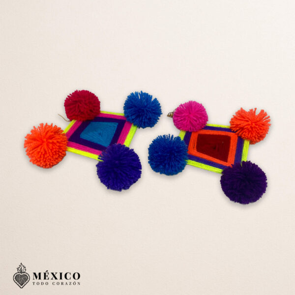 Mexican Colorful Diamond Earrings – Handmade Yarn & Wood Jewelry with Pom Poms – Artisan Multicolor Gift from Mexico