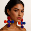 Mexican Colorful Diamond Earrings – Handmade Yarn & Wood Jewelry with Pom Poms – Artisan Multicolor Gift from Mexico