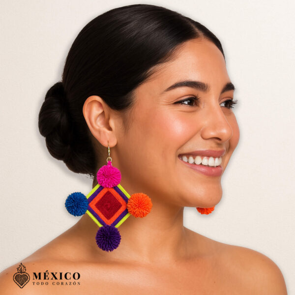 Mexican Colorful Diamond Earrings – Handmade Yarn & Wood Jewelry with Pom Poms – Artisan Multicolor Gift from Mexico