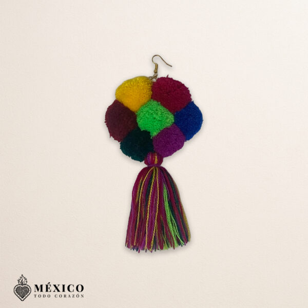 Handmade Mexican flowers earrings featuring multicolor yarn pom-pom embellishments
