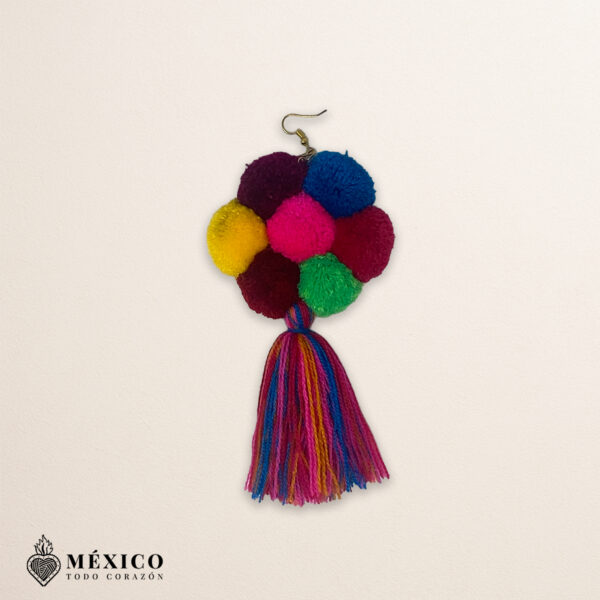 Handmade Mexican flowers earrings featuring multicolor yarn pom-pom embellishments