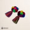 Handmade Mexican flowers earrings featuring multicolor yarn pom-pom embellishments