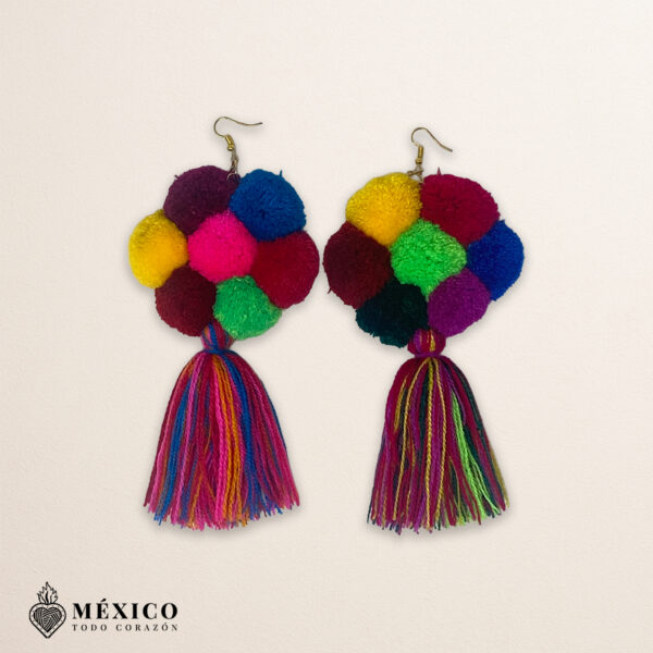 Handmade Mexican flowers earrings featuring multicolor yarn pom-pom embellishments