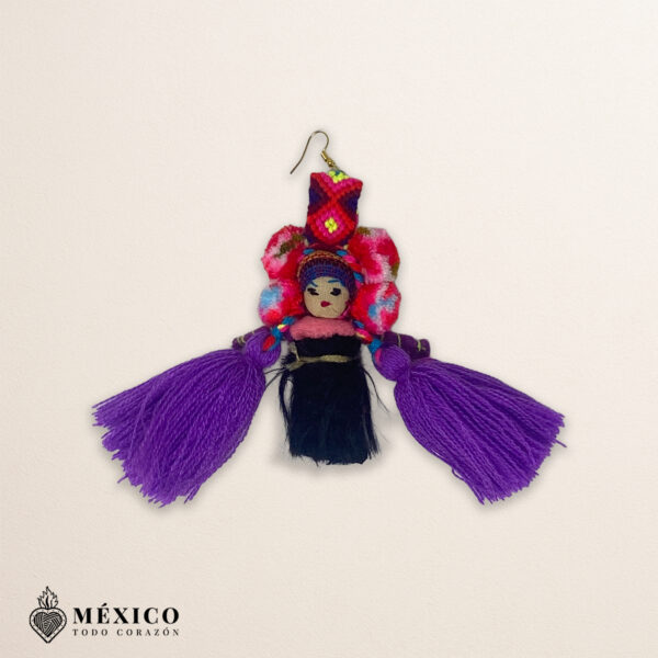 Handmade pink and purple Mexican dolls earrings featuring multicolor yarn pom-pom embellishments