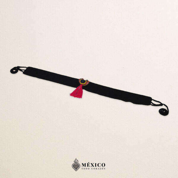 Black artisan Mexican waist belt (faja) featuring a multicolor heart embellishment in felt appliqué