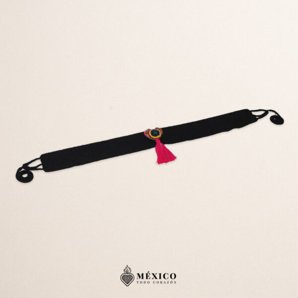 Black artisan Mexican waist belt (faja) featuring a multicolor heart embellishment in felt appliqué