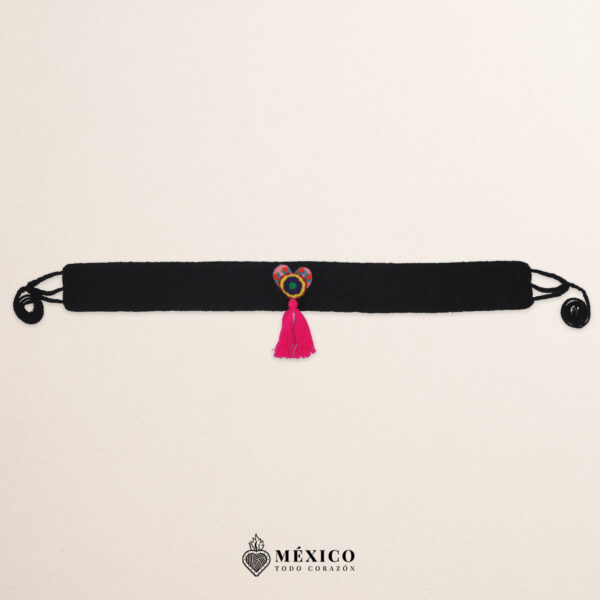 Black artisan Mexican waist belt (faja) featuring a multicolor heart embellishment in felt appliqué