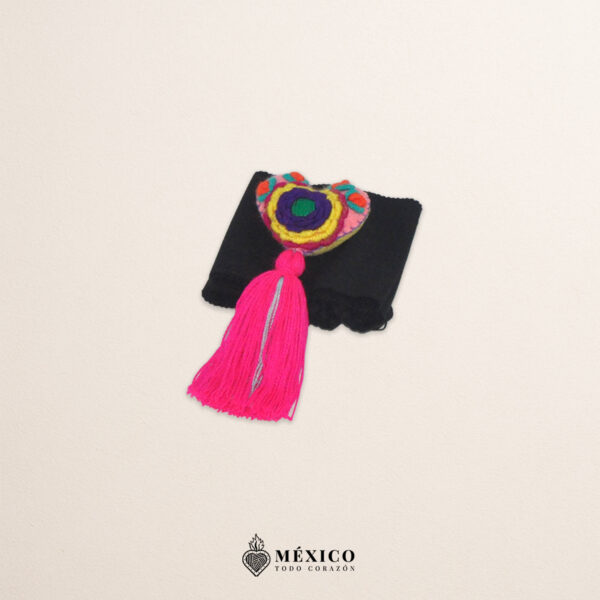 Black artisan Mexican waist belt (faja) featuring a multicolor heart embellishment in felt appliqué