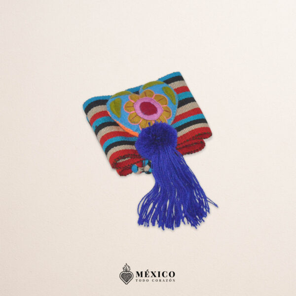Multicolor striped artisan waist belt featuring a floral heart embellishment in felt appliqué