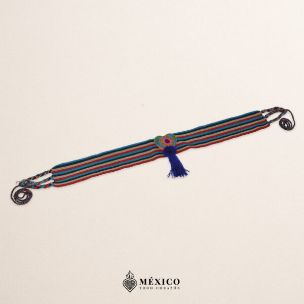 Multicolor striped artisan waist belt featuring a floral heart embellishment in felt appliqué