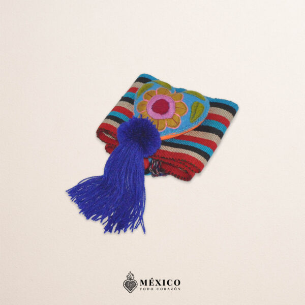 Multicolor striped artisan waist belt featuring a floral heart embellishment in felt appliqué