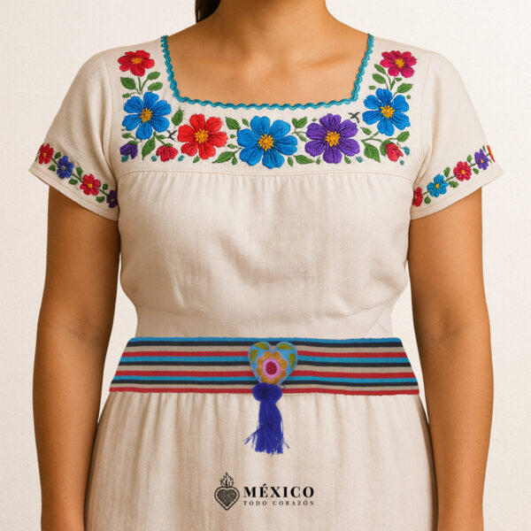 Multicolor striped artisan waist belt featuring a floral heart embellishment in felt appliqué