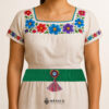 Green artisan Mexican waist belt featuring a floral heart embellishment in felt appliqué