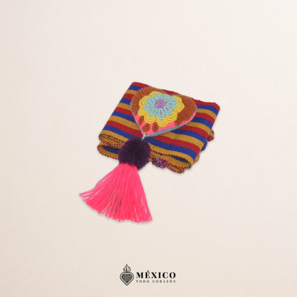 Multicolor striped artisan waist belt featuring a floral heart embellishment in felt