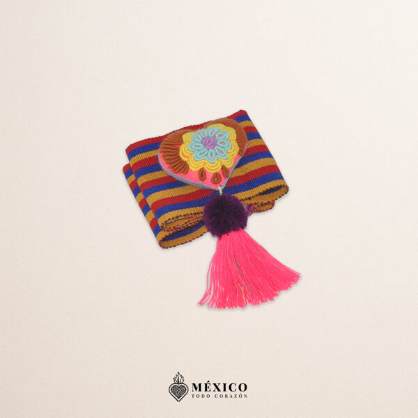 Multicolor striped artisan waist belt featuring a floral heart embellishment in felt