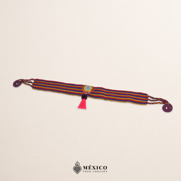 Multicolor striped artisan waist belt featuring a floral heart embellishment in felt
