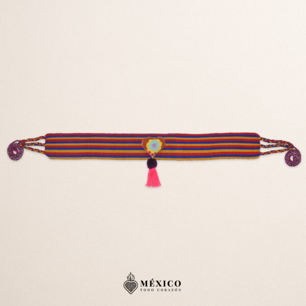 Multicolor striped artisan waist belt featuring a floral heart embellishment in felt