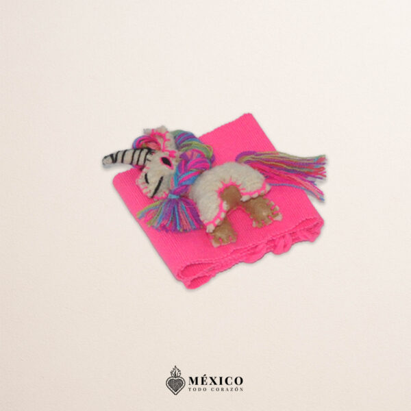 Pink artisan Mexican waist belt featuring a baby unicorn embellishment in felt appliqué