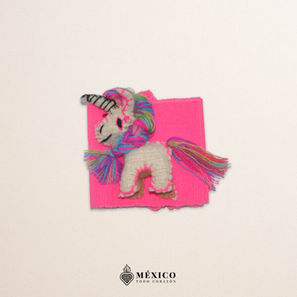 Pink artisan Mexican waist belt featuring a baby unicorn embellishment in felt appliqué
