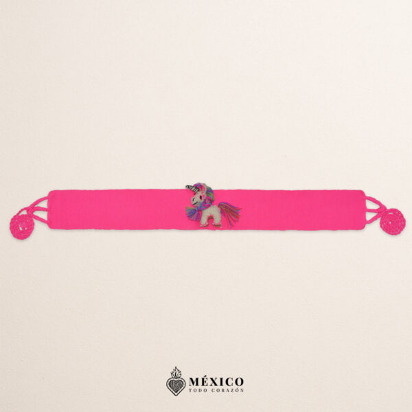 Pink artisan Mexican waist belt featuring a baby unicorn embellishment in felt appliqué