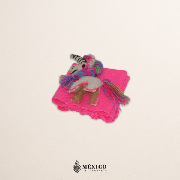 Pink artisan Mexican waist belt featuring a baby unicorn embellishment in felt appliqué